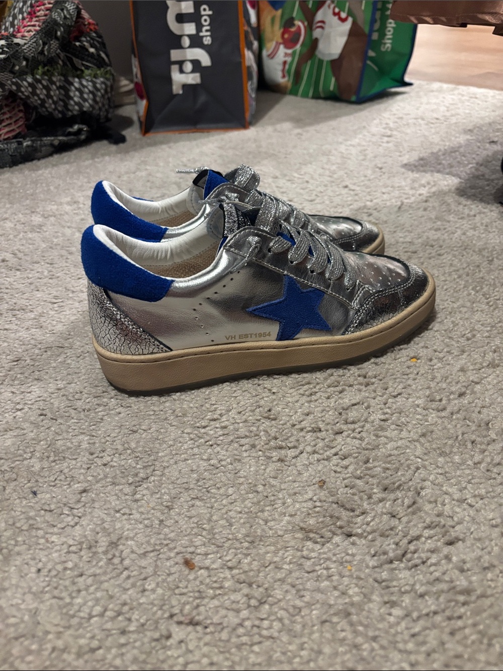 Kids Metallic Silver Sneakers with Blue Star Accent